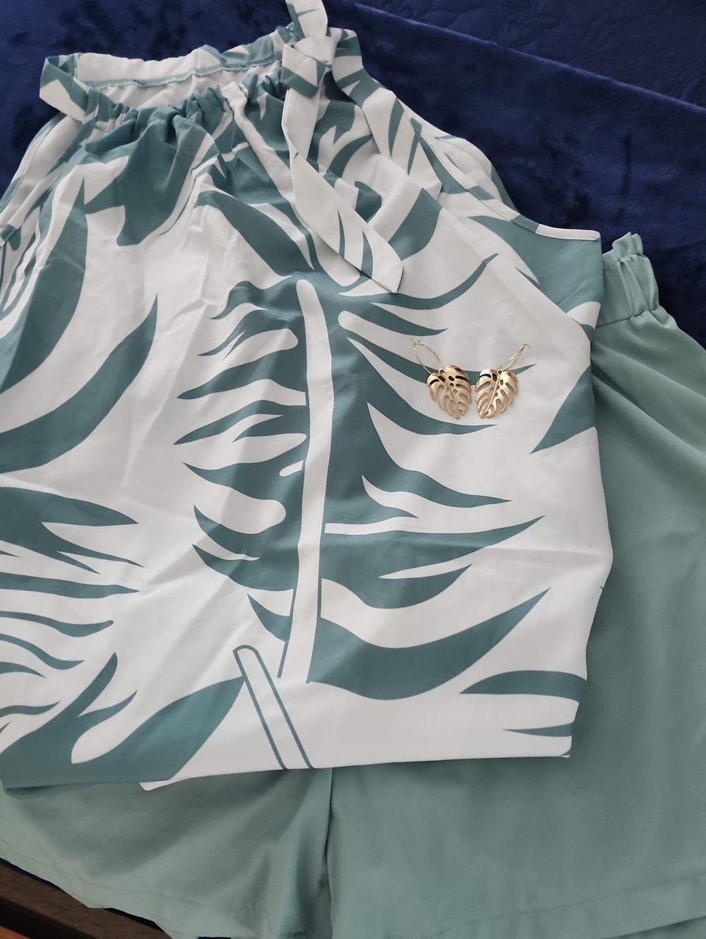 Tropical Print Halter Top & Shorts Set in Sage Green and White